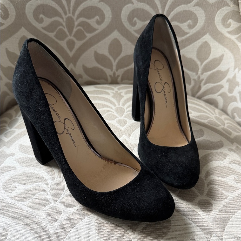 Jessica Simpson Black Suede Round-Toe Block Heels